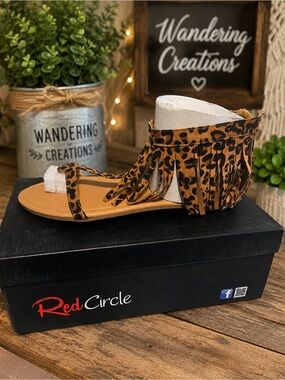 Red Circle Footwear Leopard Fringe Sandal - Tan/Black